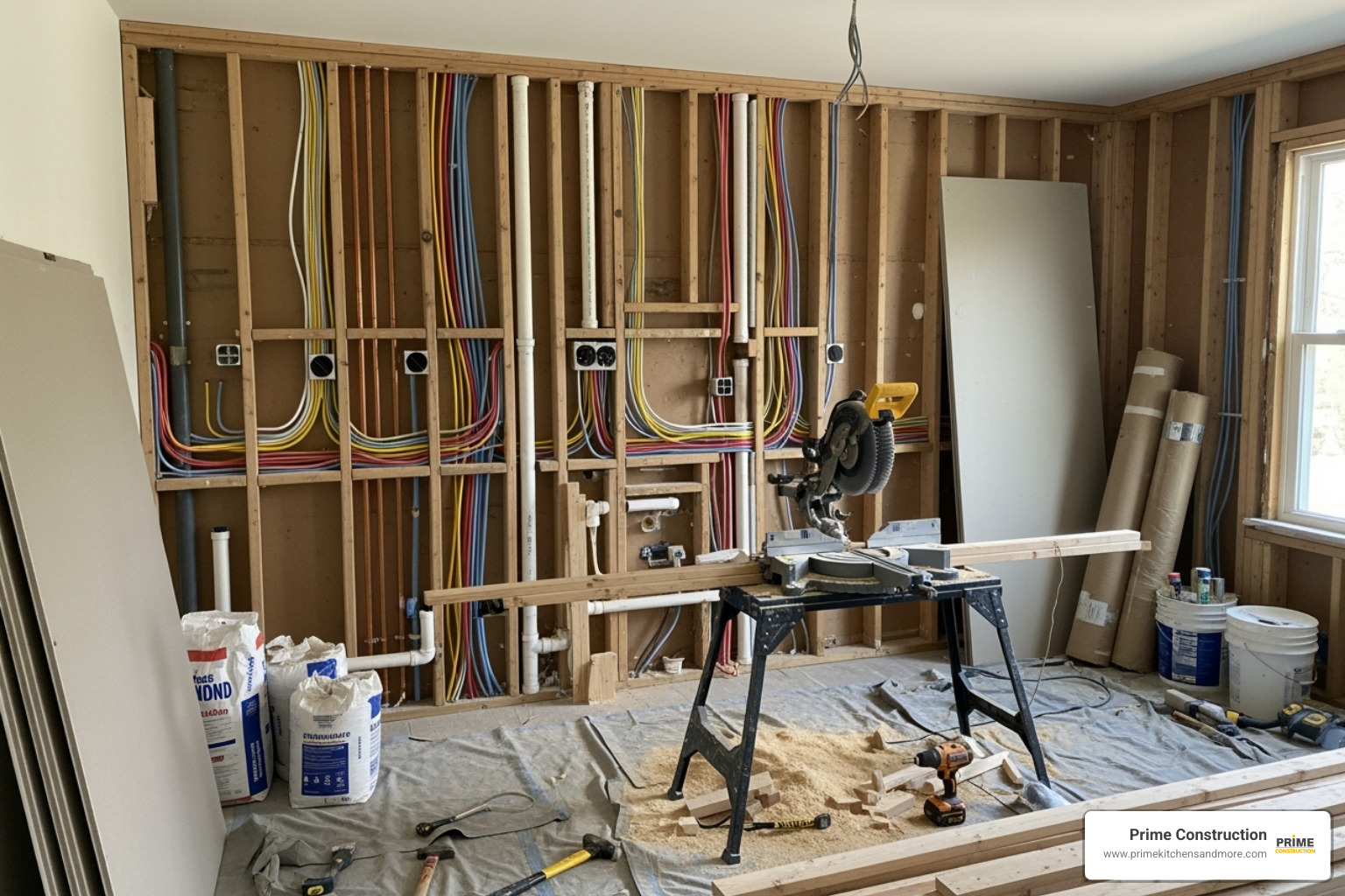 kitchen mid-reconstruction with new plumbing and electrical rough-ins visible - home gut renovation cost