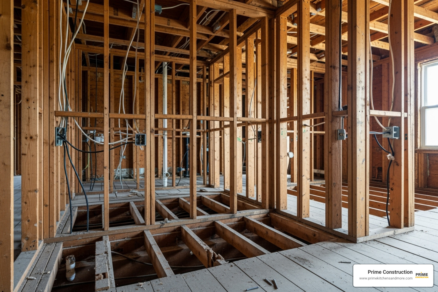 interior stripped down to the wooden studs and subfloor - home gut renovation cost
