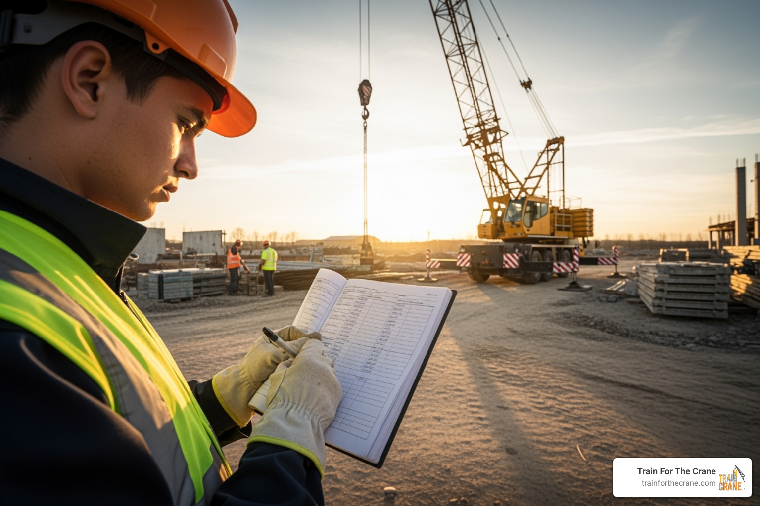 An inspector filling out a logbook next to a crane - Crane boom inspection