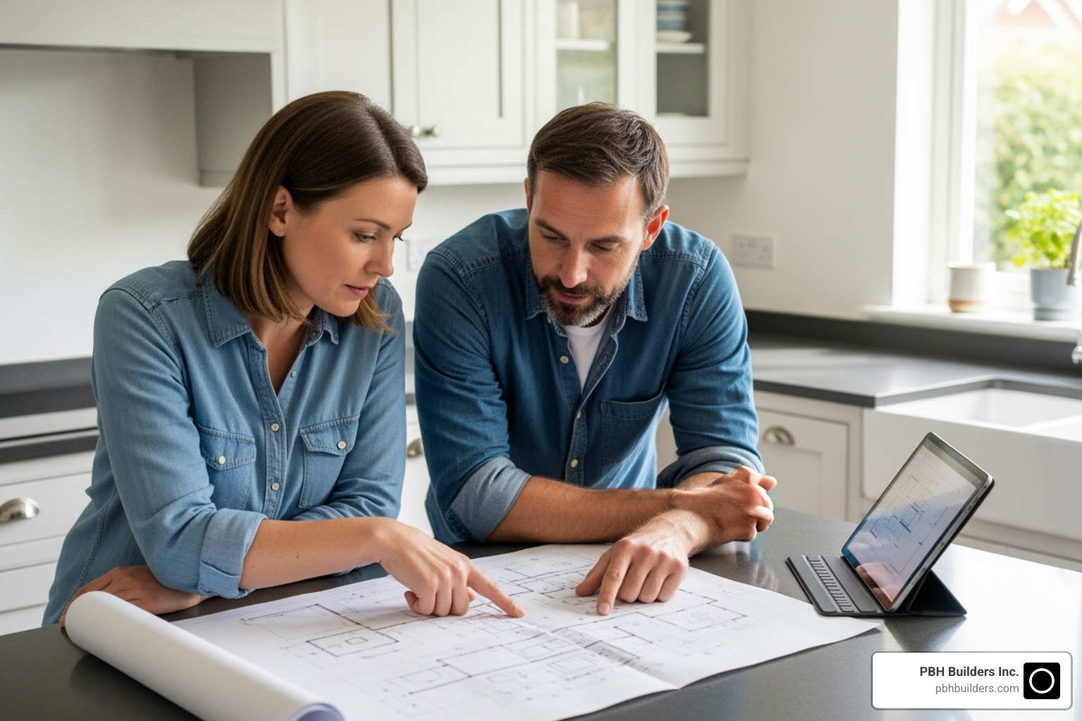 homeowner reviewing design plans with contractor - High end kitchen remodeling