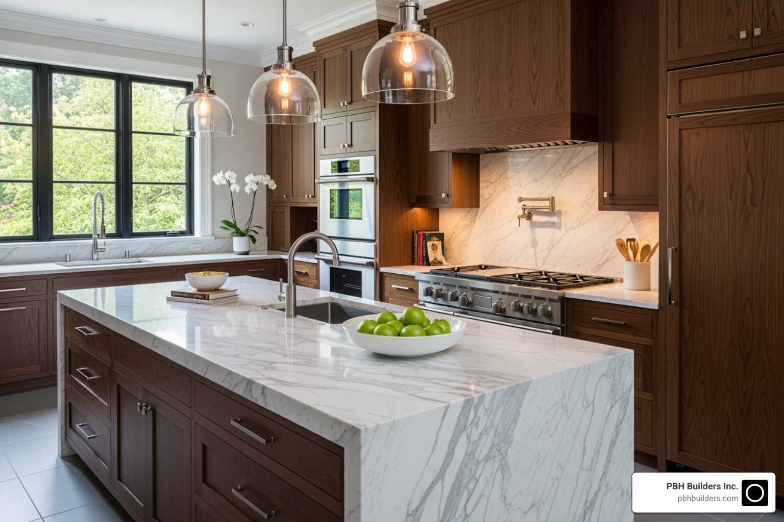 kitchen with marble countertop and custom cabinetry - High end kitchen remodeling