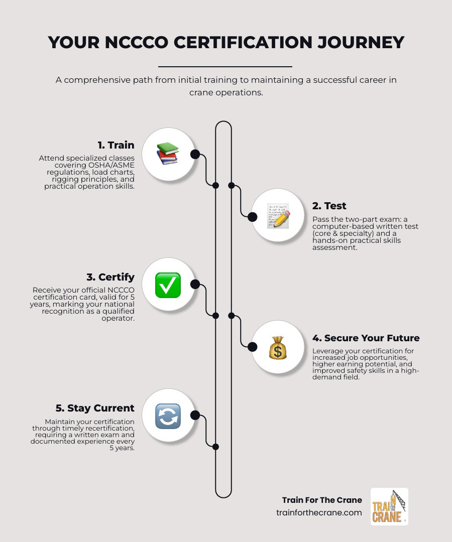 Infographic showing the 3 main steps to NCCCO certification: Step 1 - Train through classroom instruction and hands-on practice covering OSHA regulations, load charts, and safety protocols; Step 2 - Test by taking written core and specialty exams plus practical skills assessment; Step 3 - Certify by receiving your official NCCCO card valid for 5 years - NCCCO certification classes infographic infographic-line-5-steps-neat_beige Infographic showing the 3 main steps to NCCCO certification: Step 1 - Train through classroom instruction and hands-on practice covering OSHA regulations, load charts, and safety protocols; Step 2 - Test by taking written core and specialty exams plus practical skills assessment; Step 3 - Certify by receiving your official NCCCO card valid for 5 years - NCCCO certification classes infographic infographic-line-5-steps-neat_beige