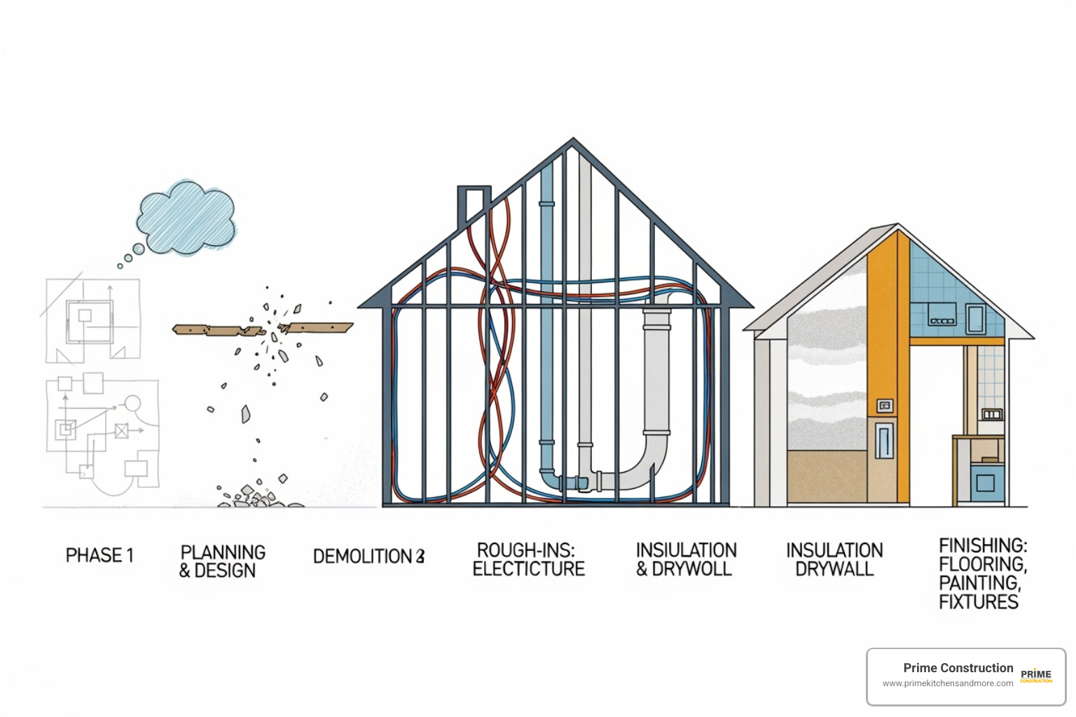 simplified project timeline graphic showing key phases - home gut renovation cost
