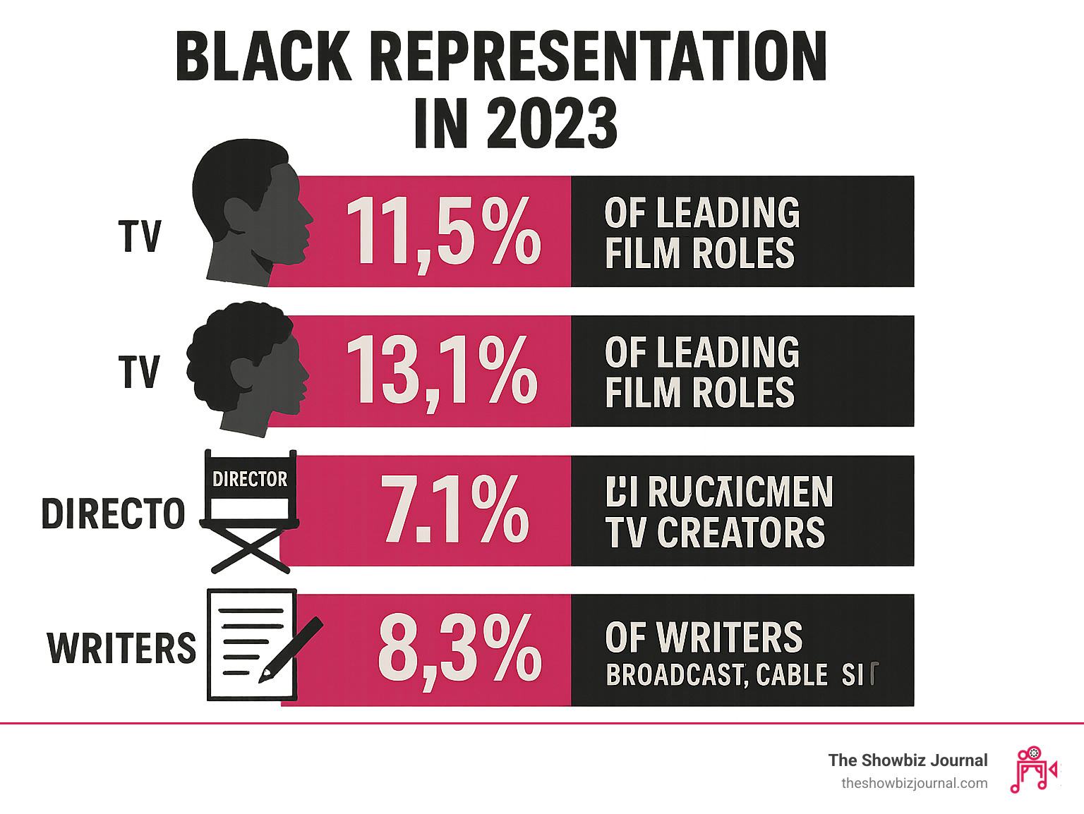 Infographic showing 2023 Black representation statistics: 11.5% of leading film roles for Black actors, 13.1% for Black actresses, 7.1% of Black creators involved in TV shows, 6.1% of director positions, and 8.3% of writer positions across broadcast, cable and streaming platforms - black hollywood entertainment news infographic Infographic showing 2023 Black representation statistics: 11.5% of leading film roles for Black actors, 13.1% for Black actresses, 7.1% of Black creators involved in TV shows, 6.1% of director positions, and 8.3% of writer positions across broadcast, cable and streaming platforms - black hollywood entertainment news infographic