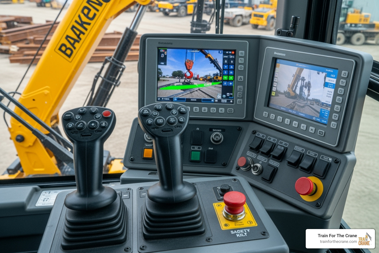 operator's view from the control station, showing levers and displays - articulating crane operator operator's view from the control station, showing levers and displays - articulating crane operator
