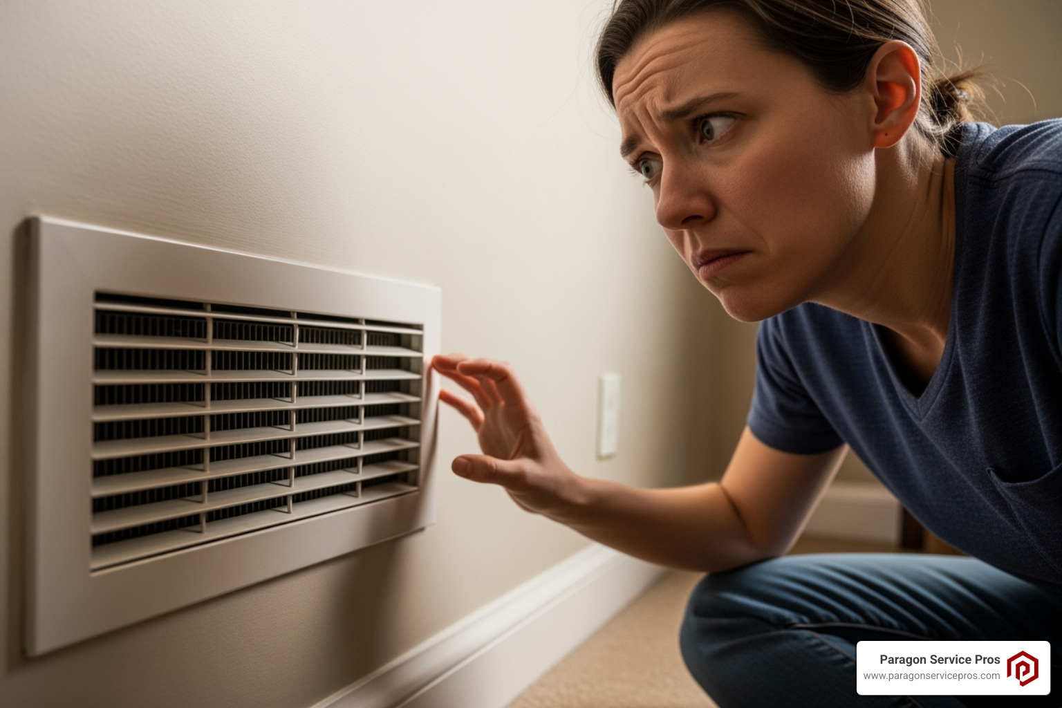 a homeowner looking quizzically at a heating vent - heater repair chandler az a homeowner looking quizzically at a heating vent - heater repair chandler az