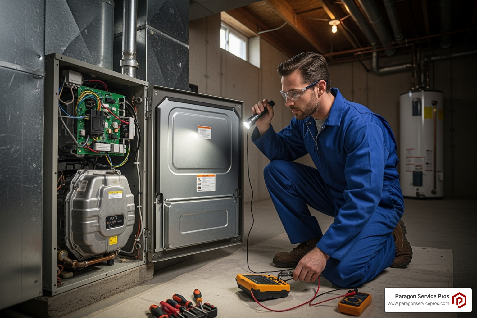 an HVAC technician inspecting an indoor furnace unit - heater repair chandler az an HVAC technician inspecting an indoor furnace unit - heater repair chandler az
