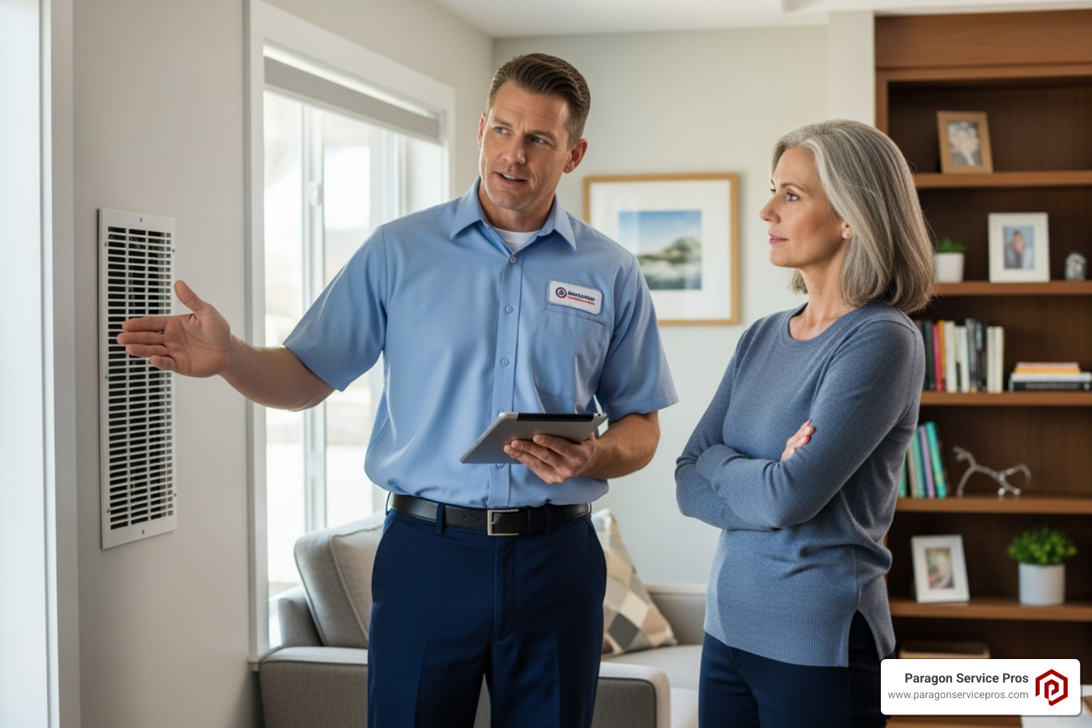 a friendly, professional technician talking with a homeowner - heater repair chandler az a friendly, professional technician talking with a homeowner - heater repair chandler az