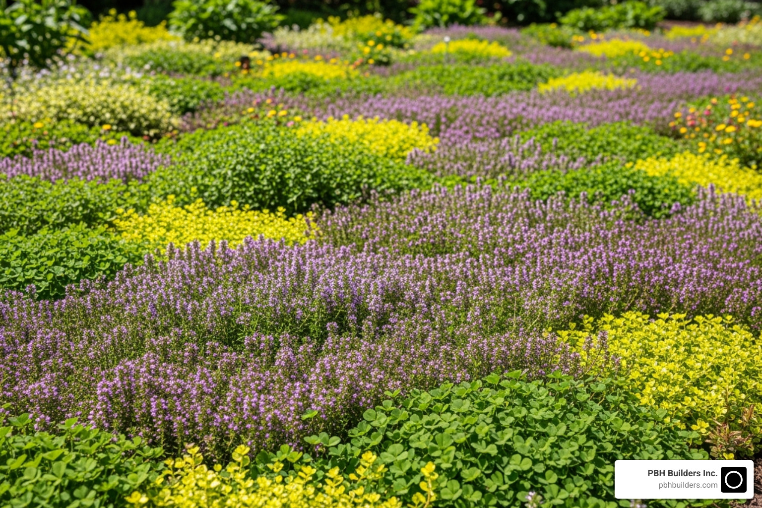 a lush yard using creeping thyme and other ground covers instead of grass - Low maintenance landscaping