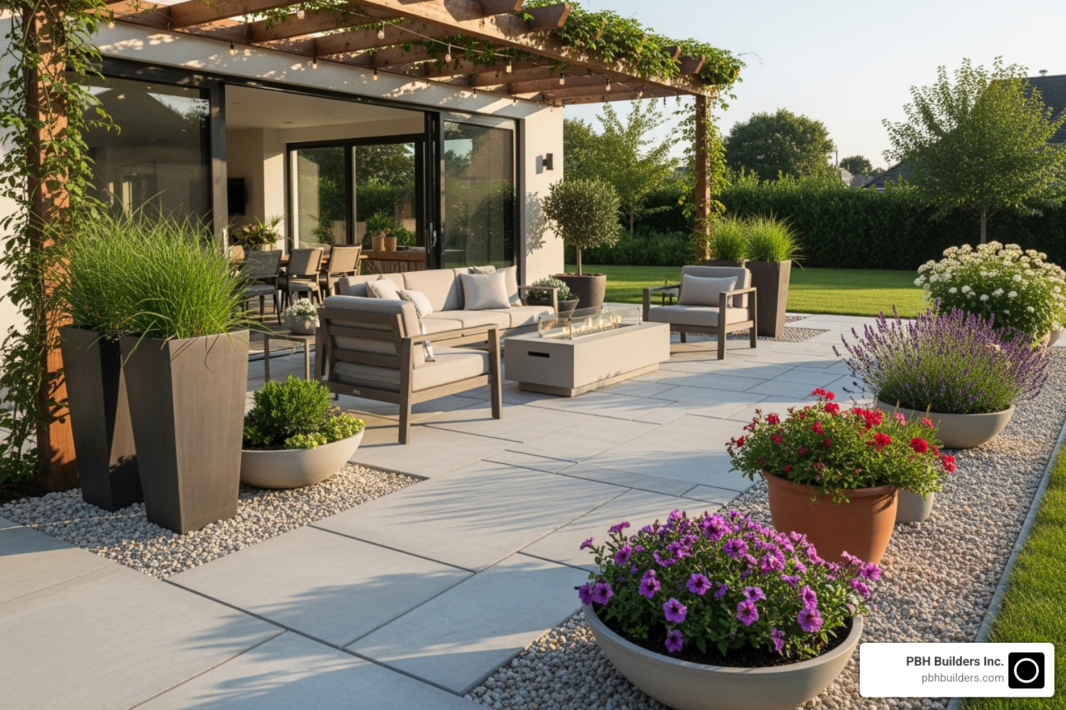 a stylish patio made with modern pavers, surrounded by gravel beds and container plants - Low maintenance landscaping