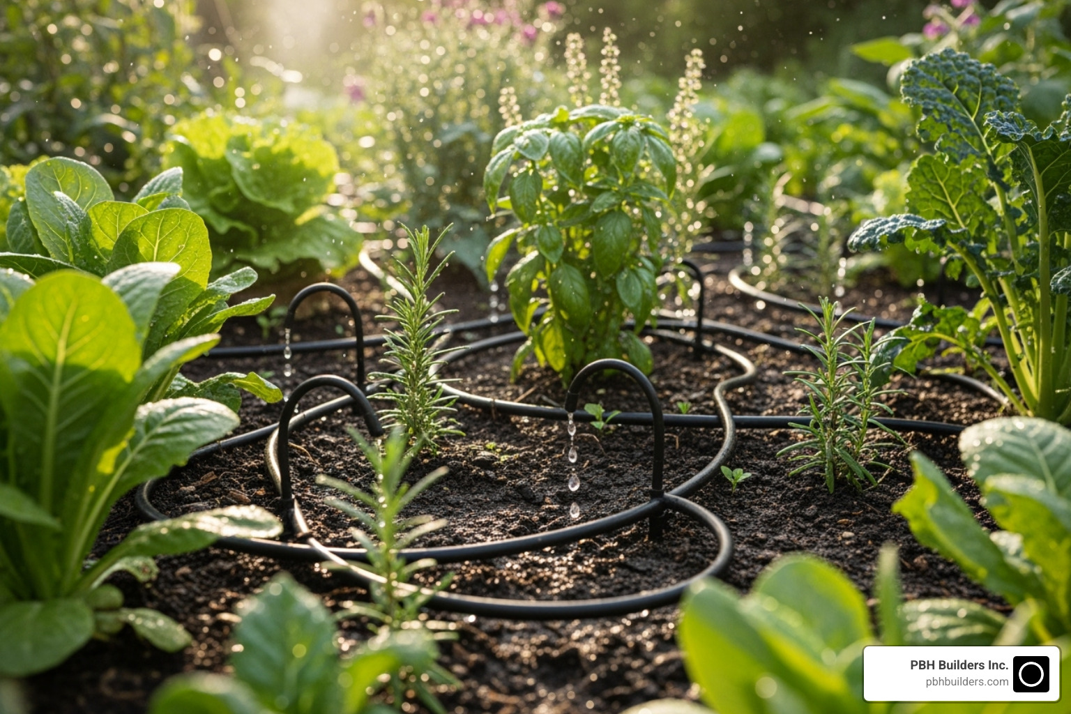 a drip irrigation system woven through a garden bed - Low maintenance landscaping