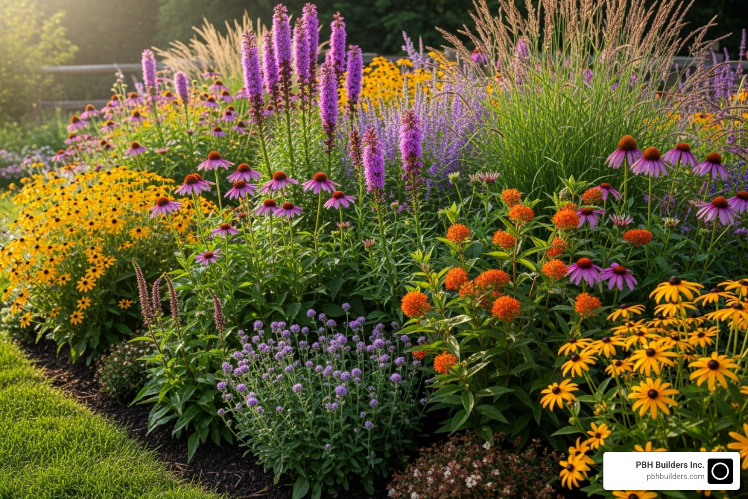 a vibrant garden bed with a mix of native perennials and ornamental grasses - Low maintenance landscaping