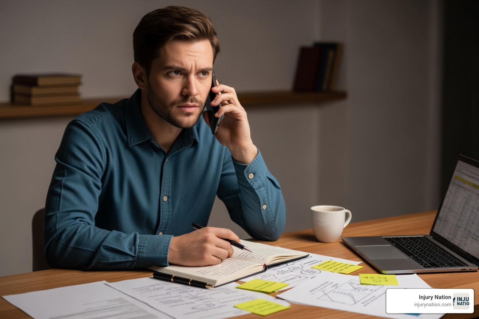 person on a phone call at a desk, looking determined, with notes in front of them - how to negotiate a car accident settlement without a lawyer person on a phone call at a desk, looking determined, with notes in front of them - how to negotiate a car accident settlement without a lawyer