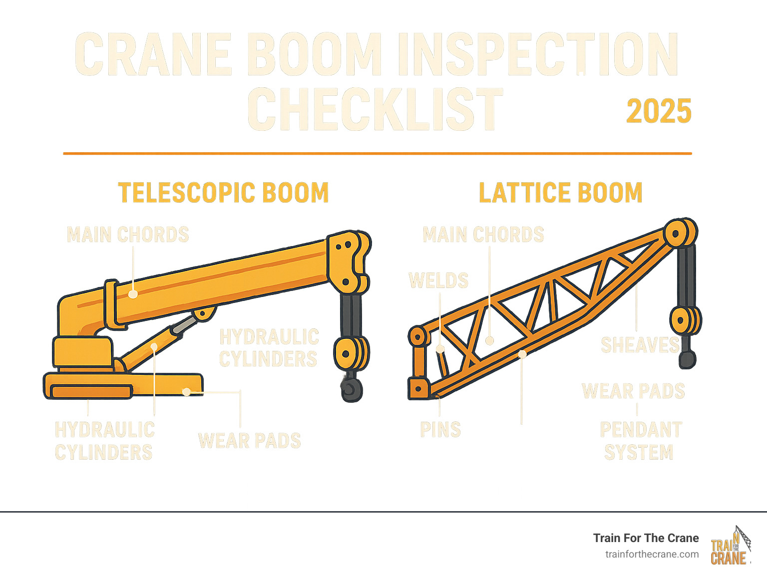 Comprehensive crane boom inspection checklist showing critical components including main chords, welds, pins, sheaves, hydraulic cylinders, wear pads, and pendant systems with specific inspection points for both telescopic and lattice boom configurations - Crane boom inspection infographic 