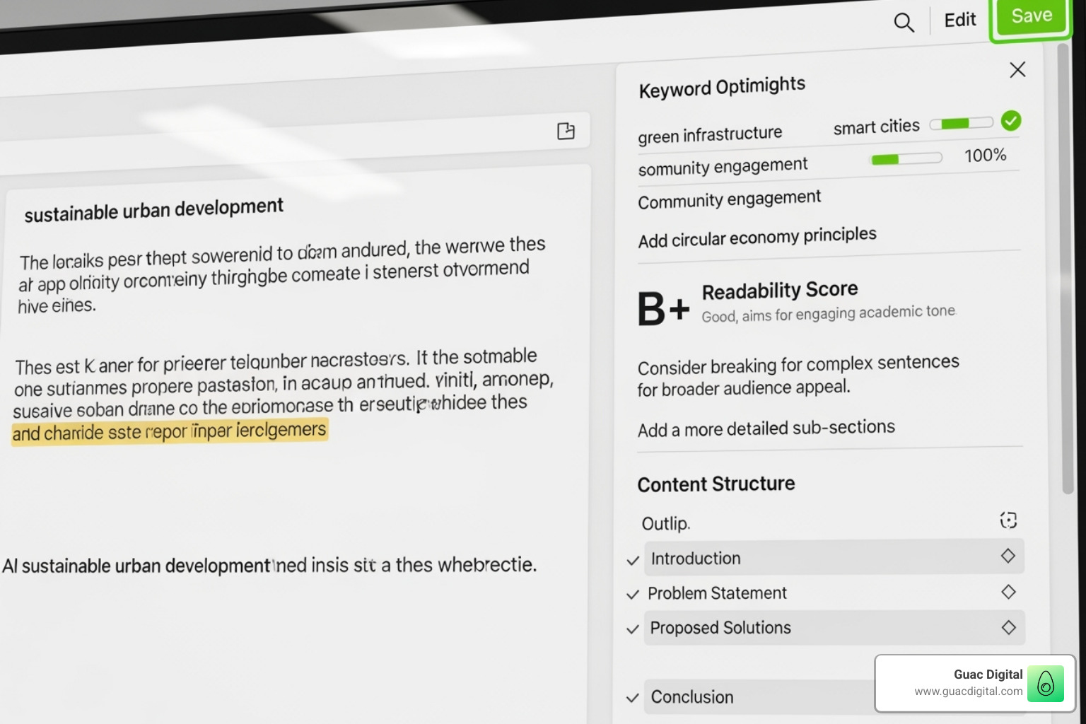 AI content editor interface with AI suggestions for keywords, readability, and structure - blog seo