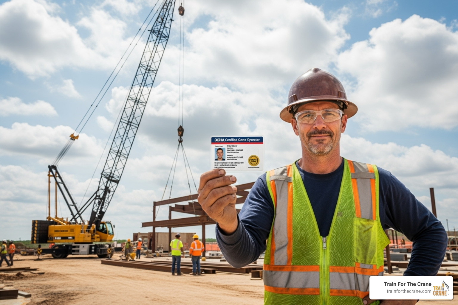 A certified crane operator proudly holding their CCO certification card with a construction site in the background - NCCCO certification classes A certified crane operator proudly holding their CCO certification card with a construction site in the background - NCCCO certification classes