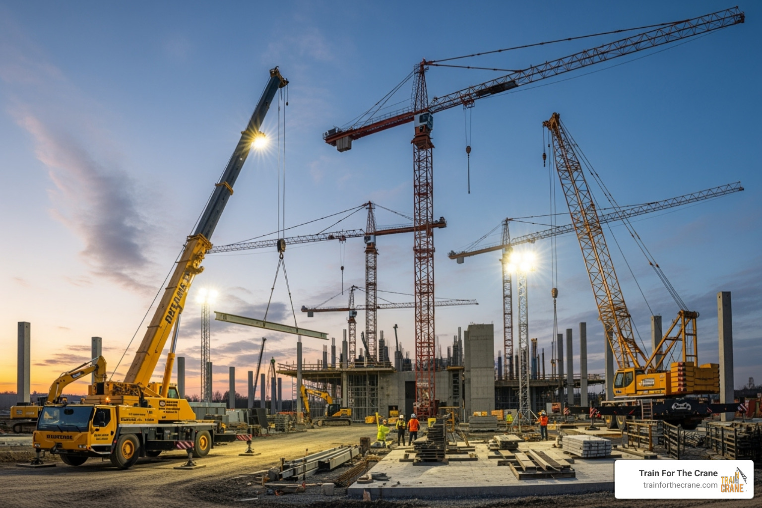 Variety of cranes including mobile, tower, and articulating models on a construction site - NCCCO certification classes Variety of cranes including mobile, tower, and articulating models on a construction site - NCCCO certification classes