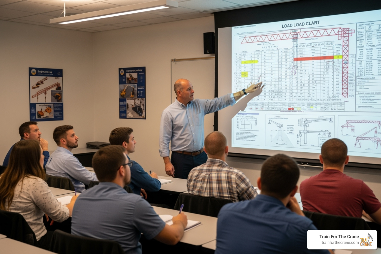 An instructor teaching a class about interpreting crane load charts using a projector - NCCCO certification classes An instructor teaching a class about interpreting crane load charts using a projector - NCCCO certification classes