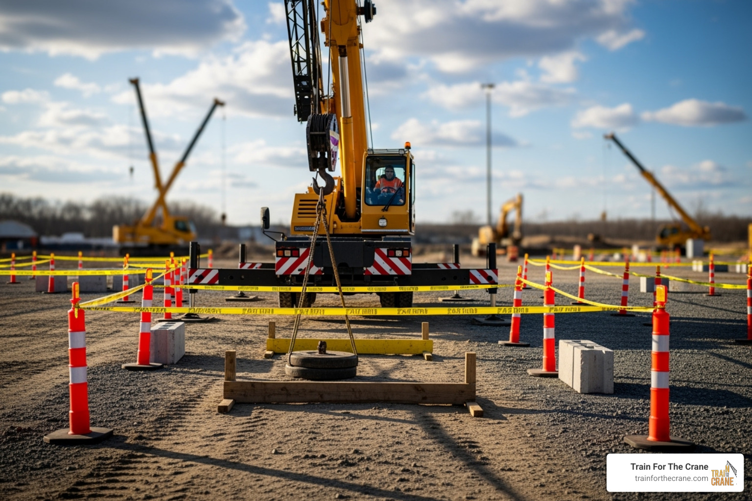 A candidate navigating a crane through a practical exam course with cones and obstacles - NCCCO certification classes A candidate navigating a crane through a practical exam course with cones and obstacles - NCCCO certification classes