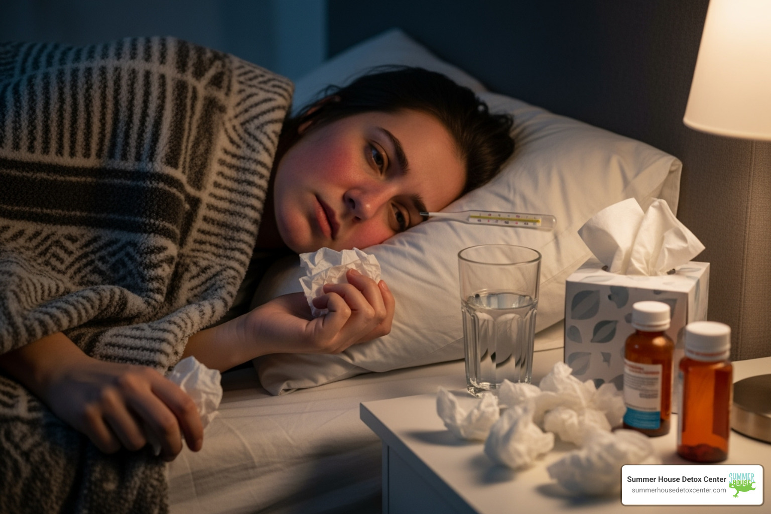 Person experiencing flu-like symptoms, with a thermometer, tissues, and a blanket - withdrawal symptoms of opiates
