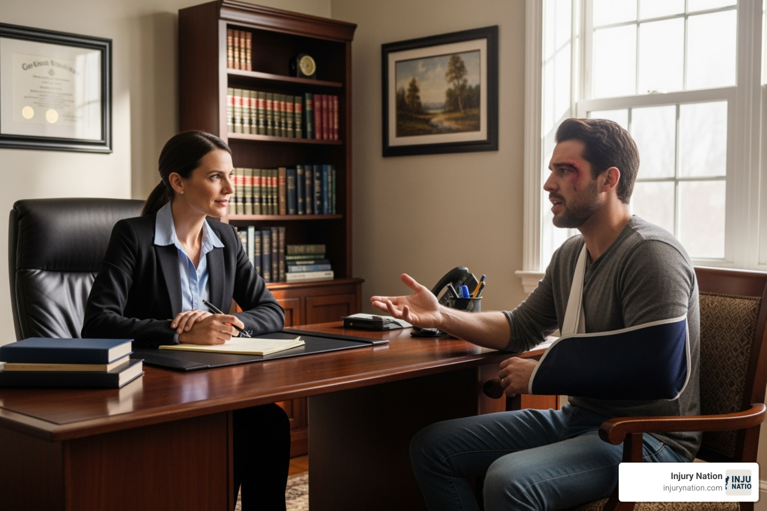 A lawyer meeting with an injured client - property liability attorney