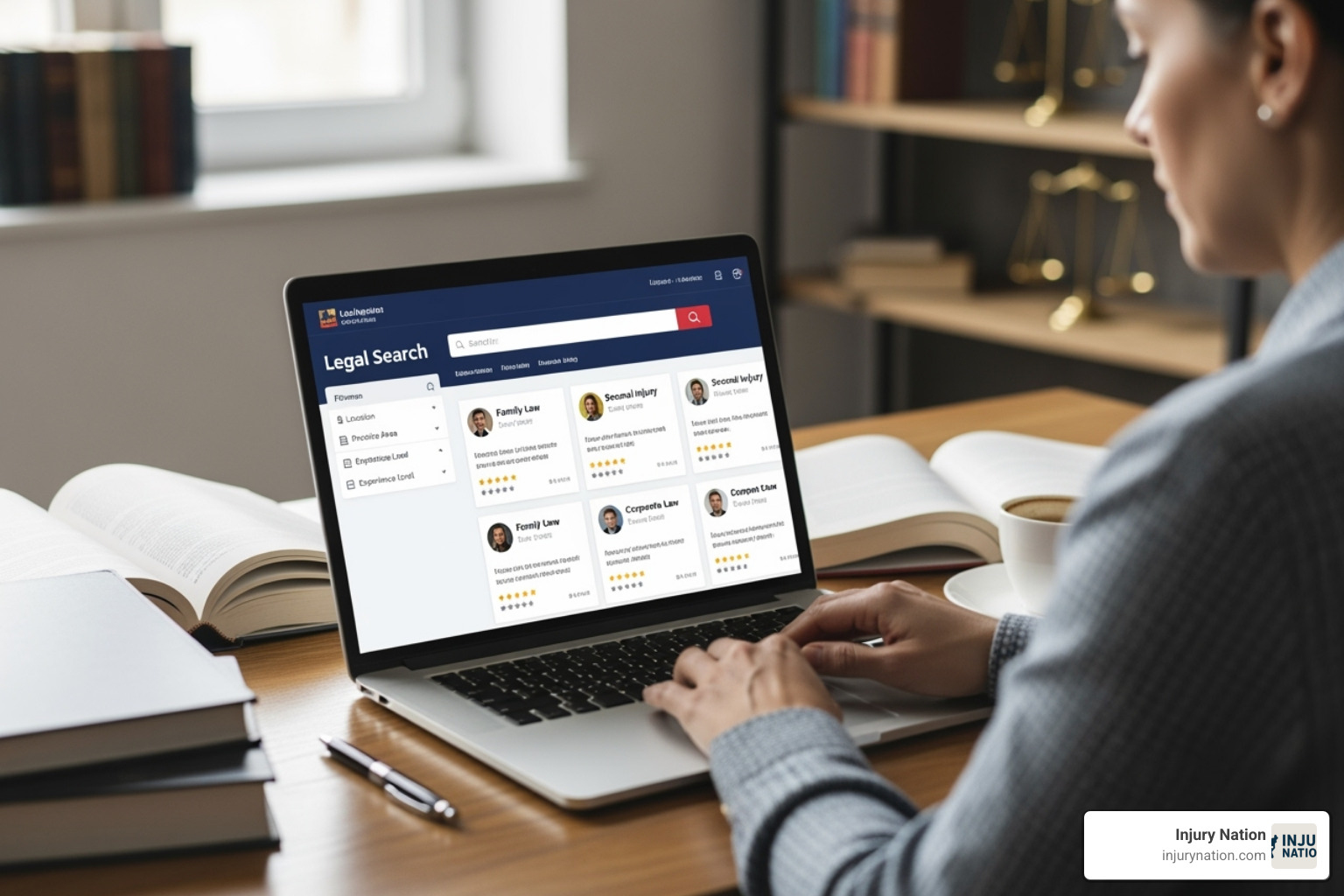 A person using a laptop to search for a lawyer - property liability attorney