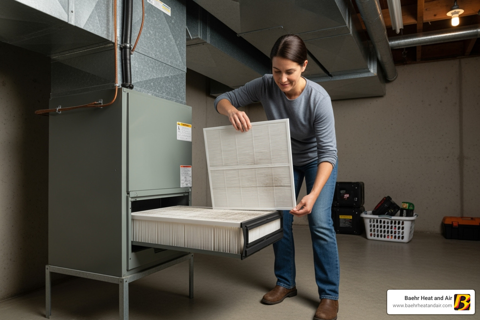 Homeowner easily changing a heat pump air filter - home heat pump installation