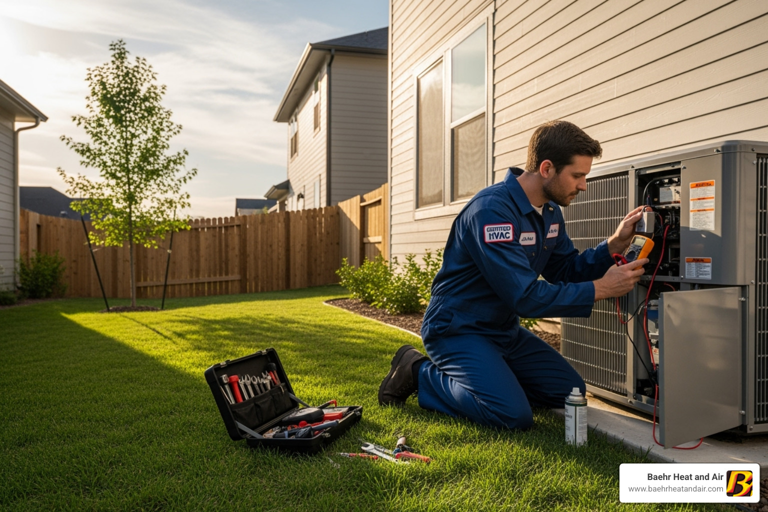 Certified technician working on an outdoor heat pump unit - home heat pump installation