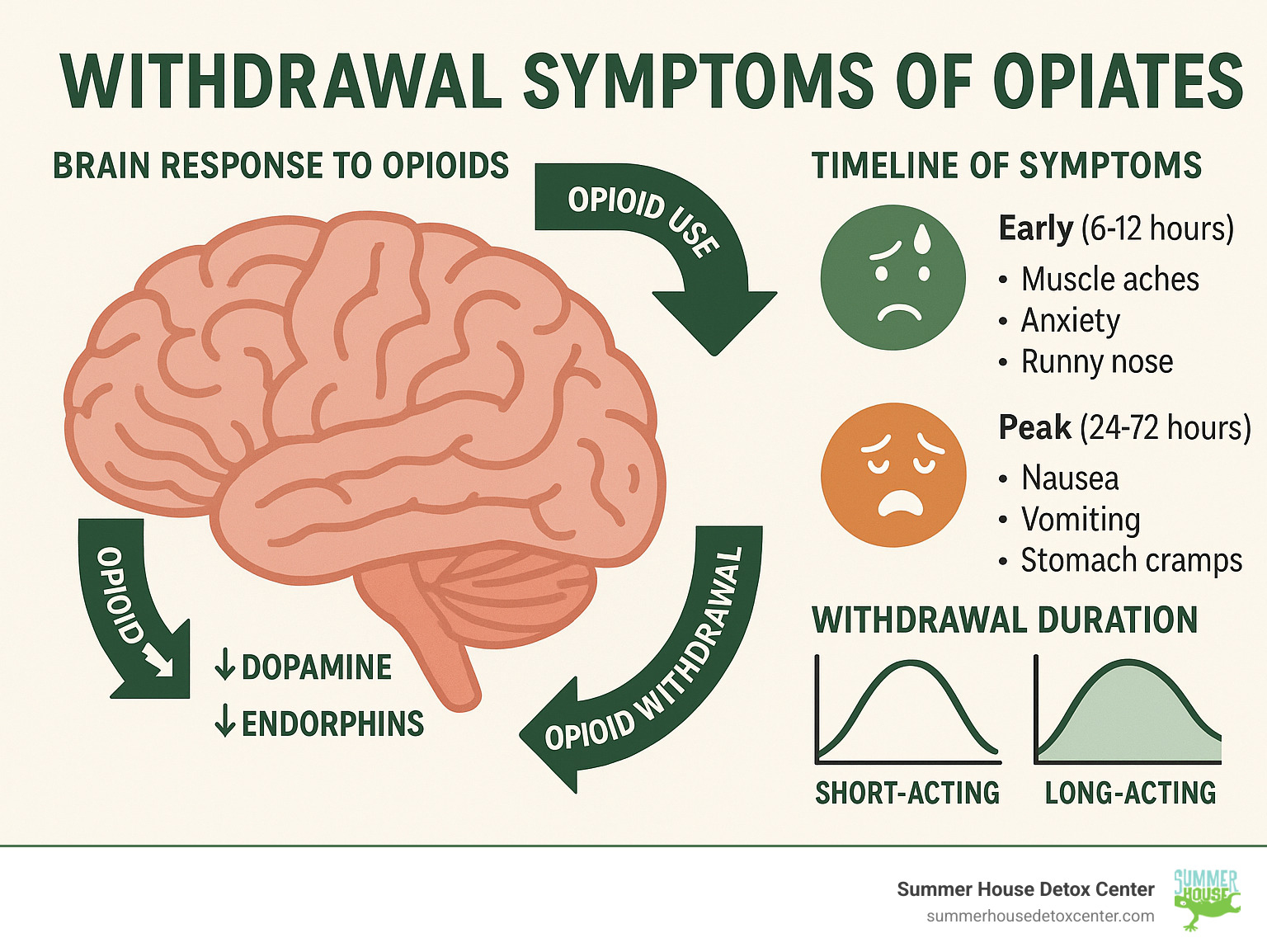 Comprehensive infographic showing the brain's response to opioid use and withdrawal, including neurotransmitter changes, timeline of symptoms from early to peak phases, and the difference between short-acting and long-acting opioid withdrawal patterns - withdrawal symptoms of opiates infographic 