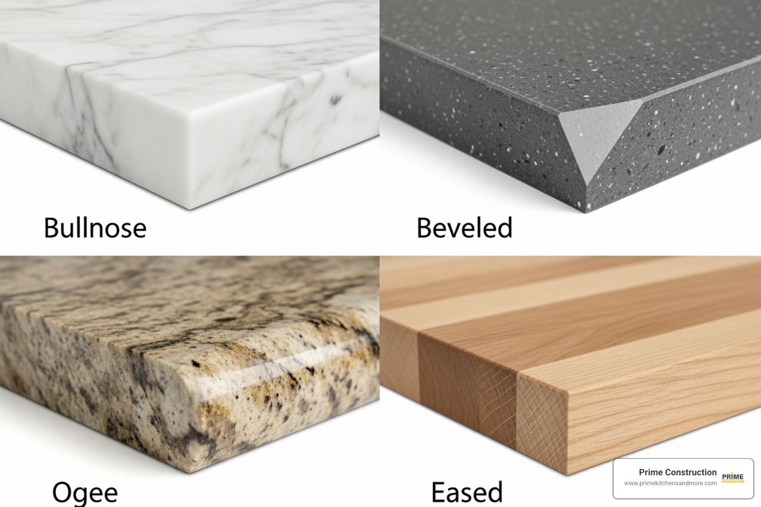 various countertop edge profiles like Bullnose, Beveled, Ogee, and Eased - countertop installation orlando