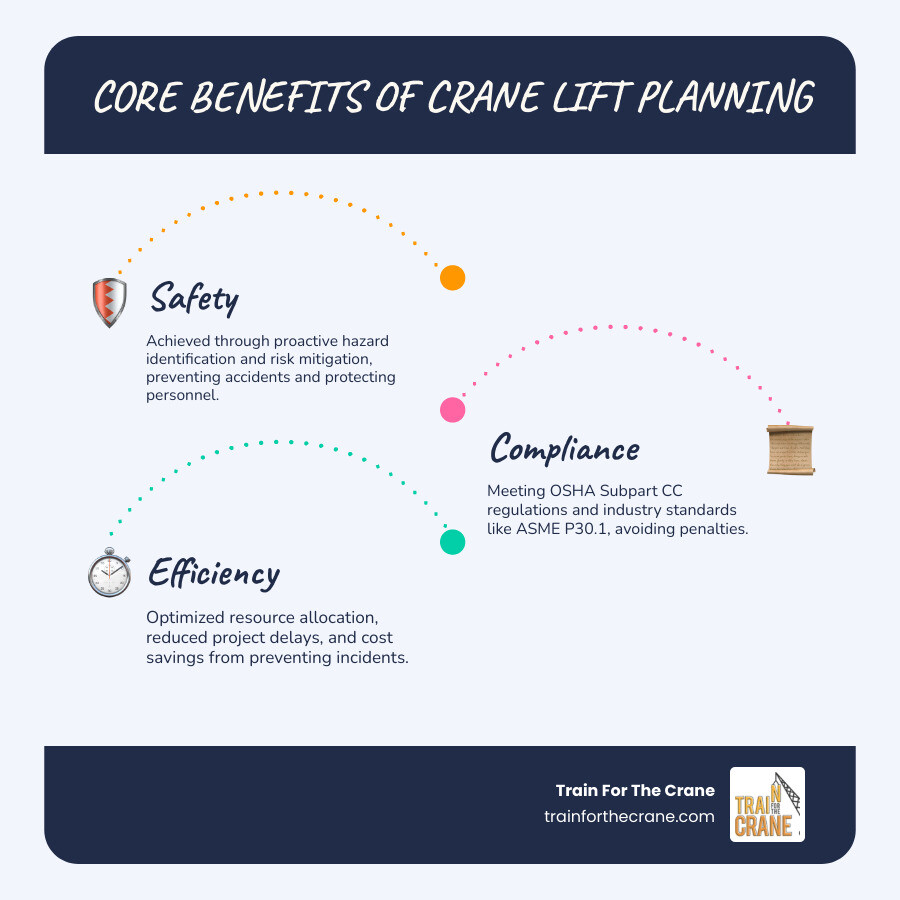 Comprehensive infographic showing the core benefits of crane lift planning: Safety through hazard identification and risk mitigation, Compliance with OSHA regulations and industry standards, and Efficiency via optimized resource allocation and reduced project delays - Crane lift planning infographic infographic-line-3-steps-blues-accent_colors Comprehensive infographic showing the core benefits of crane lift planning: Safety through hazard identification and risk mitigation, Compliance with OSHA regulations and industry standards, and Efficiency via optimized resource allocation and reduced project delays - Crane lift planning infographic infographic-line-3-steps-blues-accent_colors