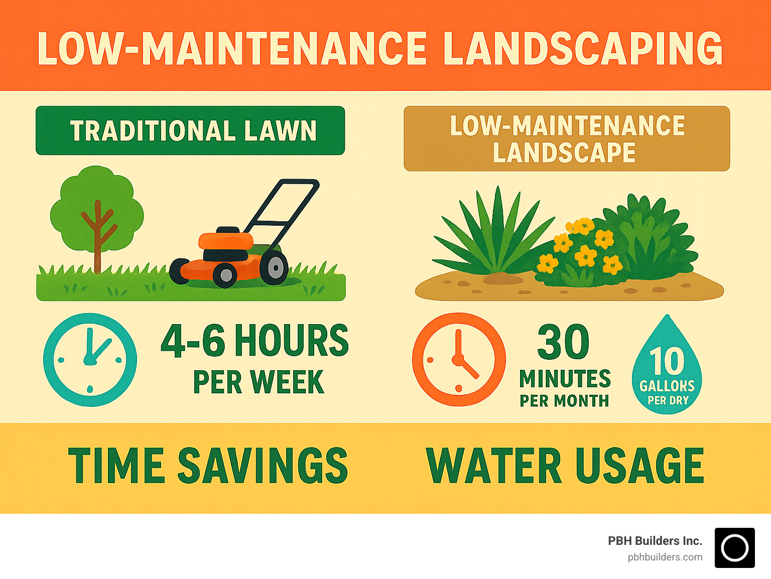 Infographic showing time savings comparison: traditional lawn requiring 4-6 hours weekly maintenance vs low-maintenance landscape requiring 30 minutes monthly, plus water usage reduction from 50 gallons daily to 10 gallons daily - Low maintenance landscaping infographic 