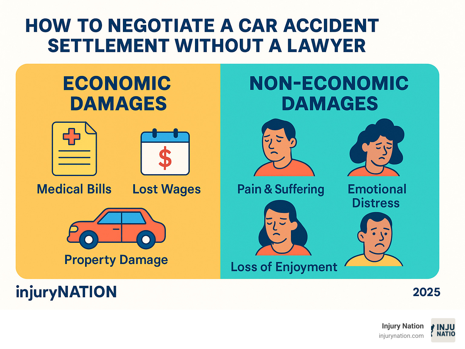 Table comparing Economic Damages (Medical Bills, Lost Wages, Property Damage) vs. Non-Economic Damages (Pain & Suffering, Emotional Distress, Loss of Enjoyment) - how to negotiate a car accident settlement without a lawyer infographic Table comparing Economic Damages (Medical Bills, Lost Wages, Property Damage) vs. Non-Economic Damages (Pain & Suffering, Emotional Distress, Loss of Enjoyment) - how to negotiate a car accident settlement without a lawyer infographic