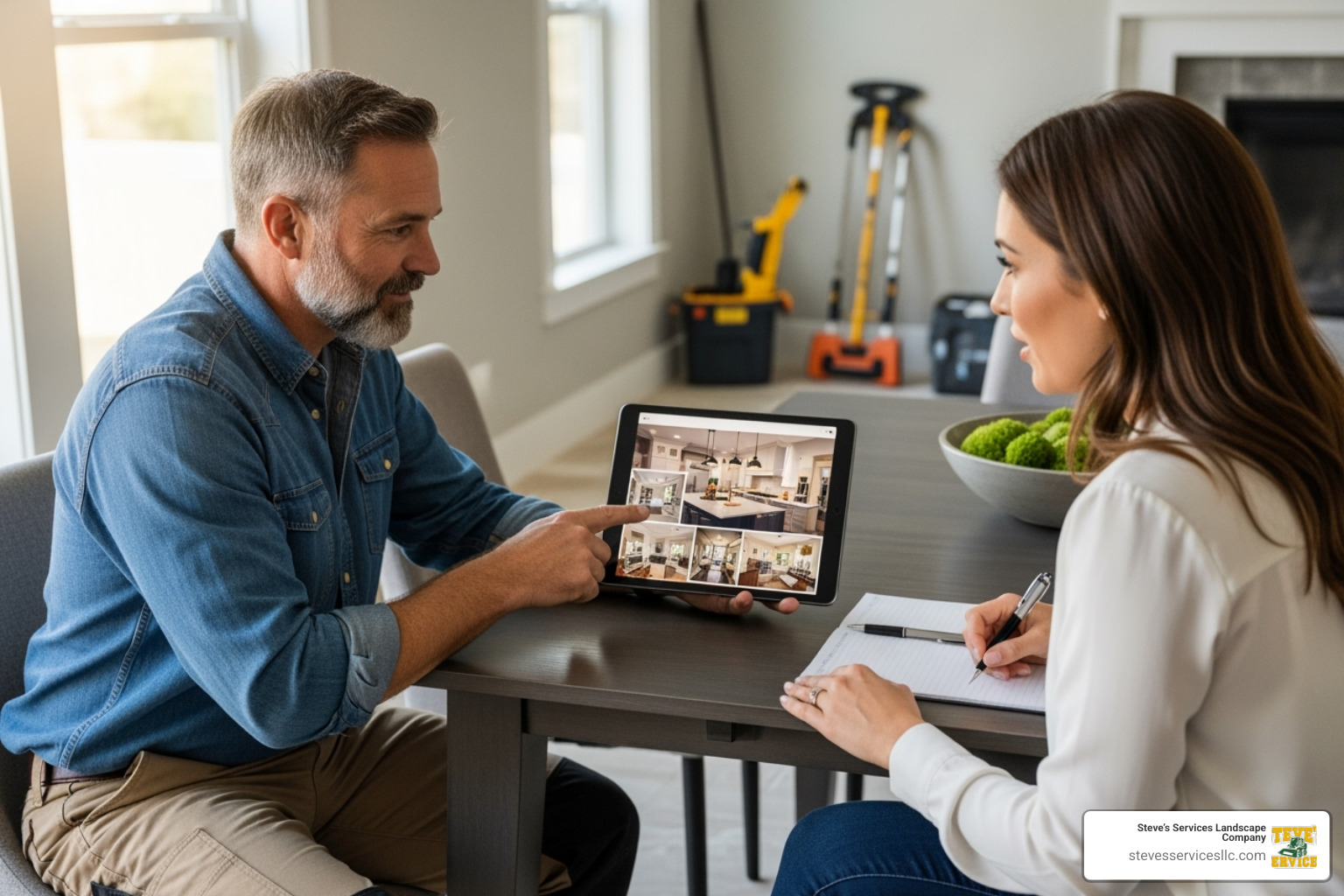 A contractor showing a client their portfolio on a tablet, pointing to a project image - residential home contractors A contractor showing a client their portfolio on a tablet, pointing to a project image - residential home contractors