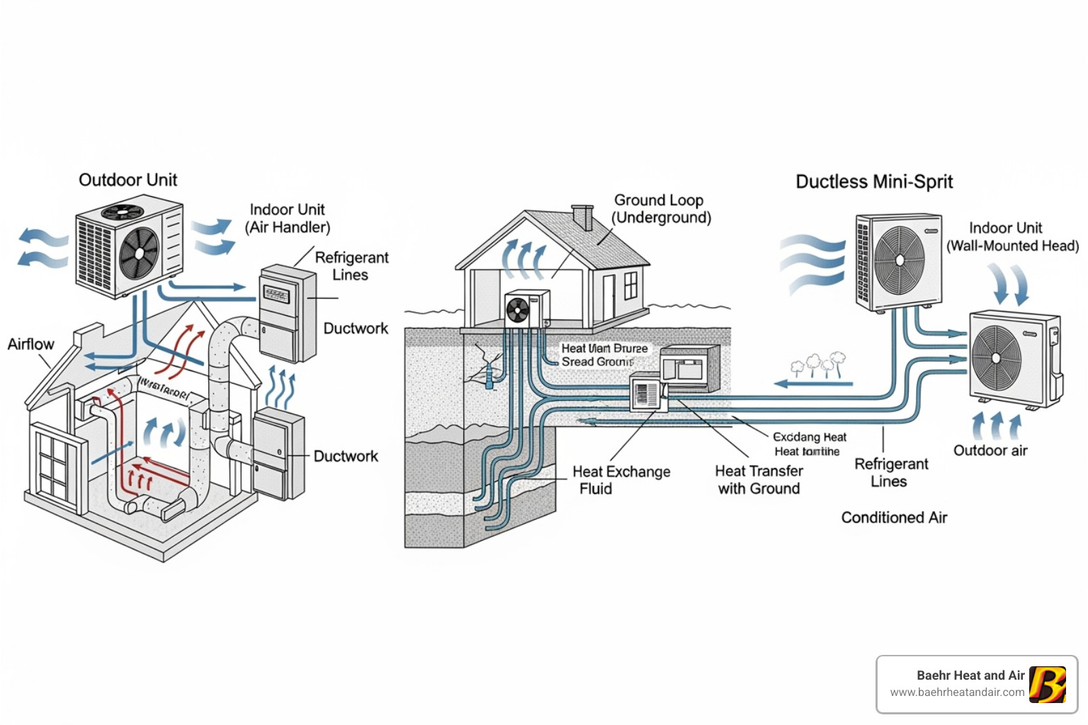 Diagrams of air-source, ground-source, and ductless mini-split systems - home heat pump installation