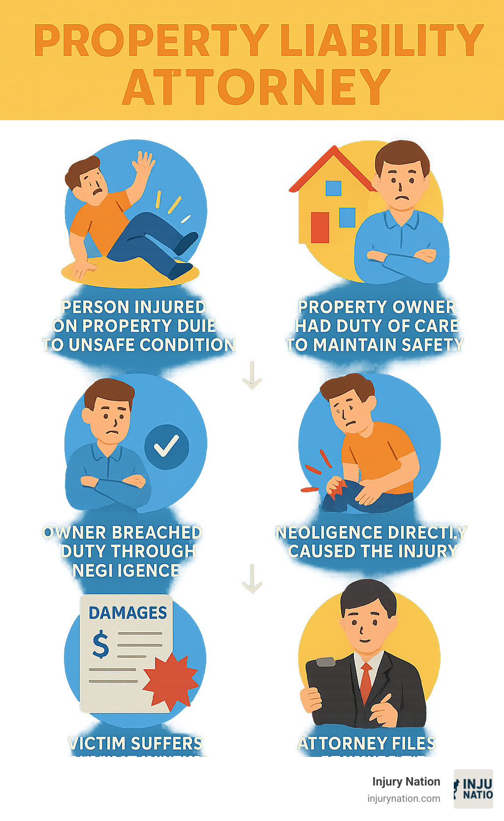 Infographic showing the progression from property injury to legal claim: 1) Person injured on property due to unsafe condition, 2) Property owner had duty of care to maintain safety, 3) Owner breached duty through negligence, 4) Negligence directly caused the injury, 5) Victim suffers actual damages, 6) Attorney files claim for compensation - property liability attorney infographic 