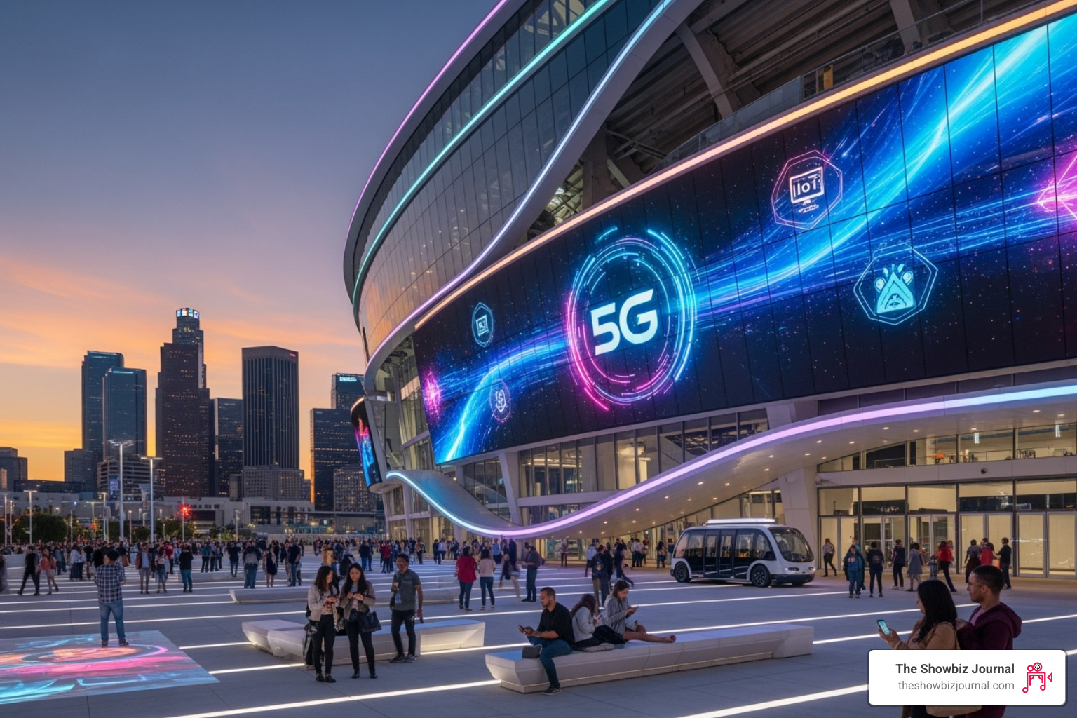 Smart stadium or venue in Los Angeles or Anaheim with 5G and IoT features - latest innovations in entertainment tech