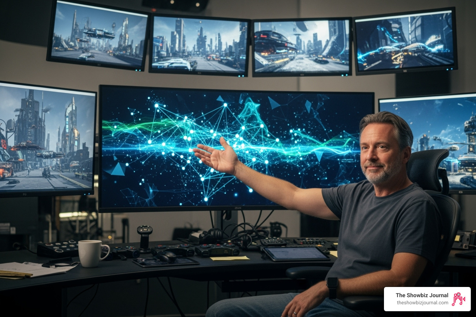 Hollywood director collaborating with an AI interface on a virtual set - latest innovations in entertainment tech