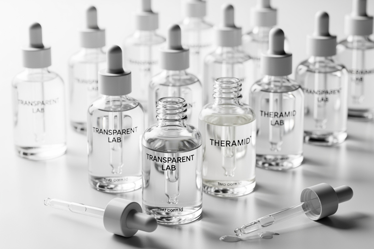 Image of various Transparent Lab and Theramid serums with droppers - transparent lab skincare review