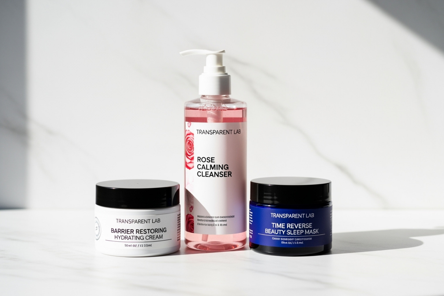 Image of the Barrier Restoring Hydrating Cream, Rose Calming Cleanser, and Time Reverse Beauty Sleep Mask - transparent lab skincare review