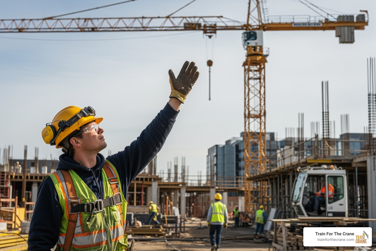 a rigger communicating with a crane operator using hand signals - cert 3 rigging