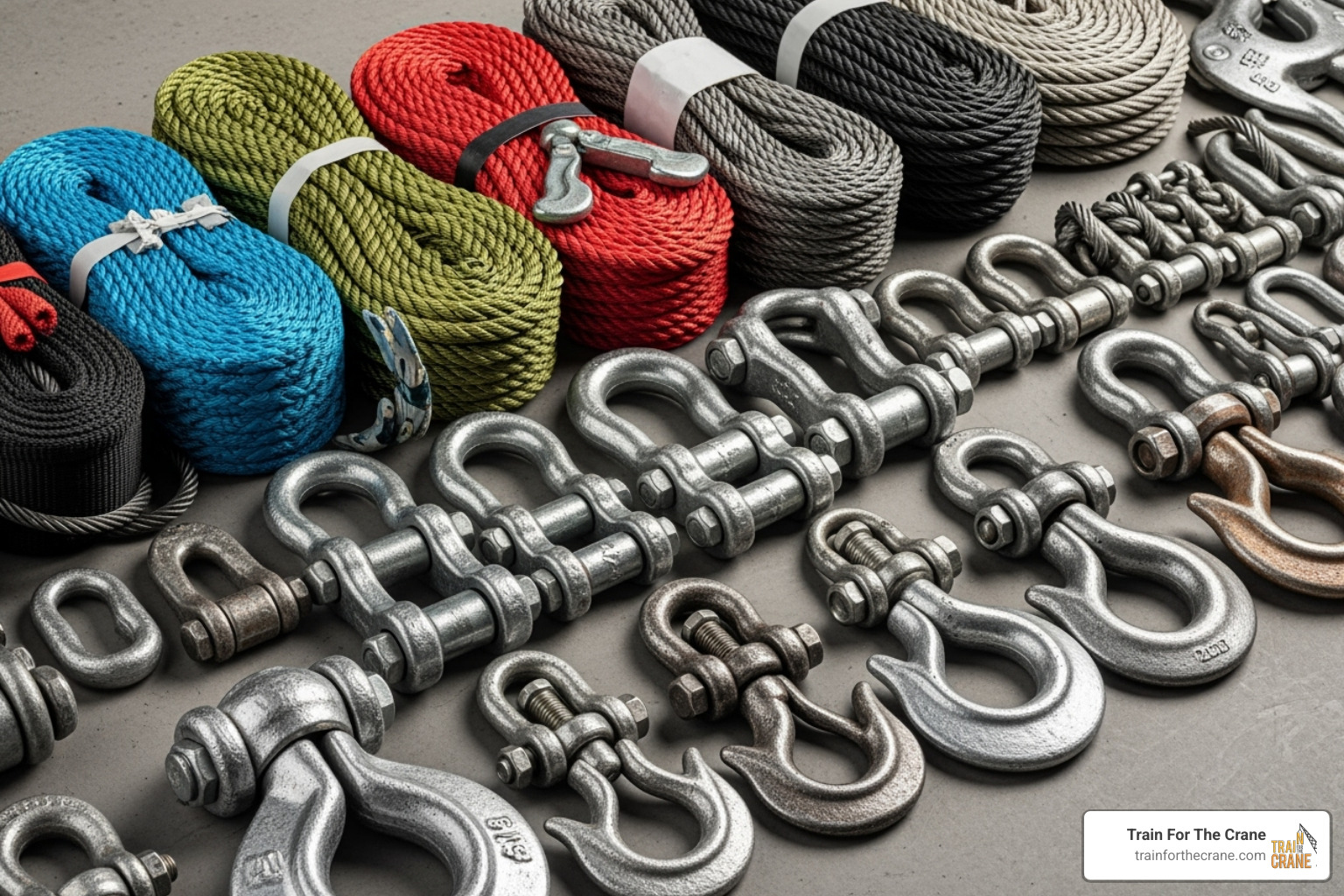 various rigging hardware like slings, shackles, and hooks - cert 3 rigging