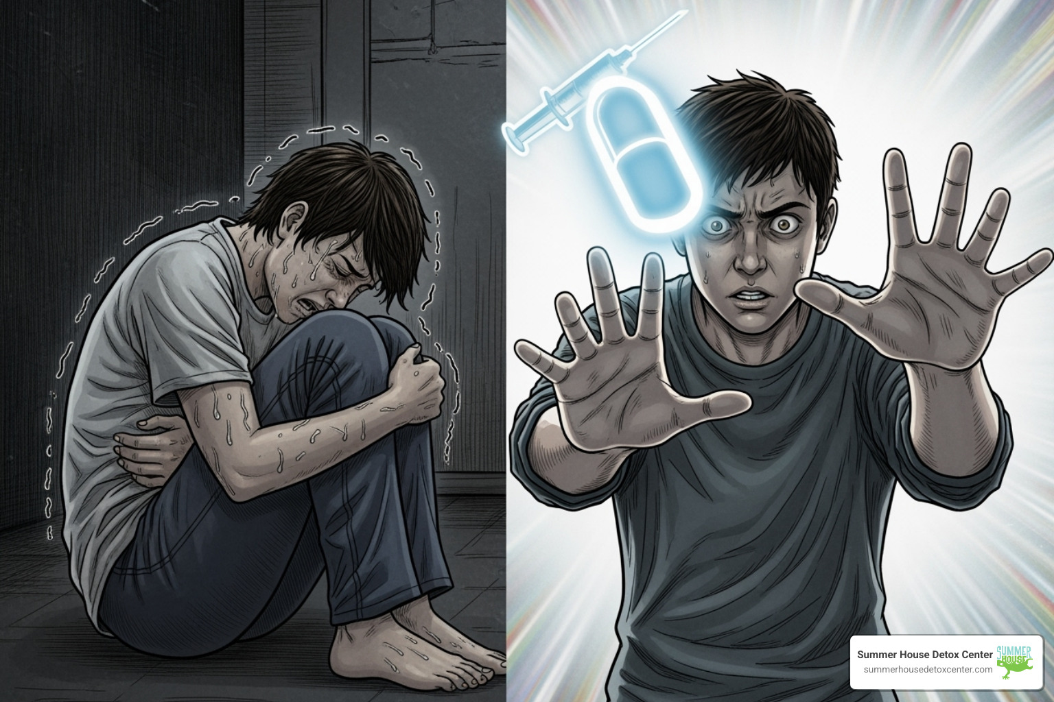 Image illustrating the difference between physical dependence and addiction - how to get off opiates without withdrawal symptoms