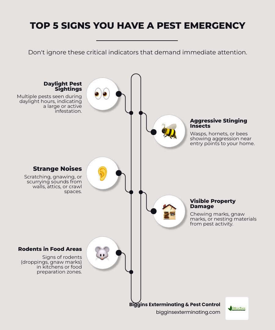 Infographic showing the top 5 signs you have a pest emergency: 1) Multiple pests seen during daylight hours, 2) Aggressive stinging insects near entry points, 3) Strange sounds from walls or attic spaces, 4) Visible property damage from chewing or nesting, 5) Signs of rodents in food preparation areas - 24 hour pest control services infographic infographic-line-5-steps-neat_beige