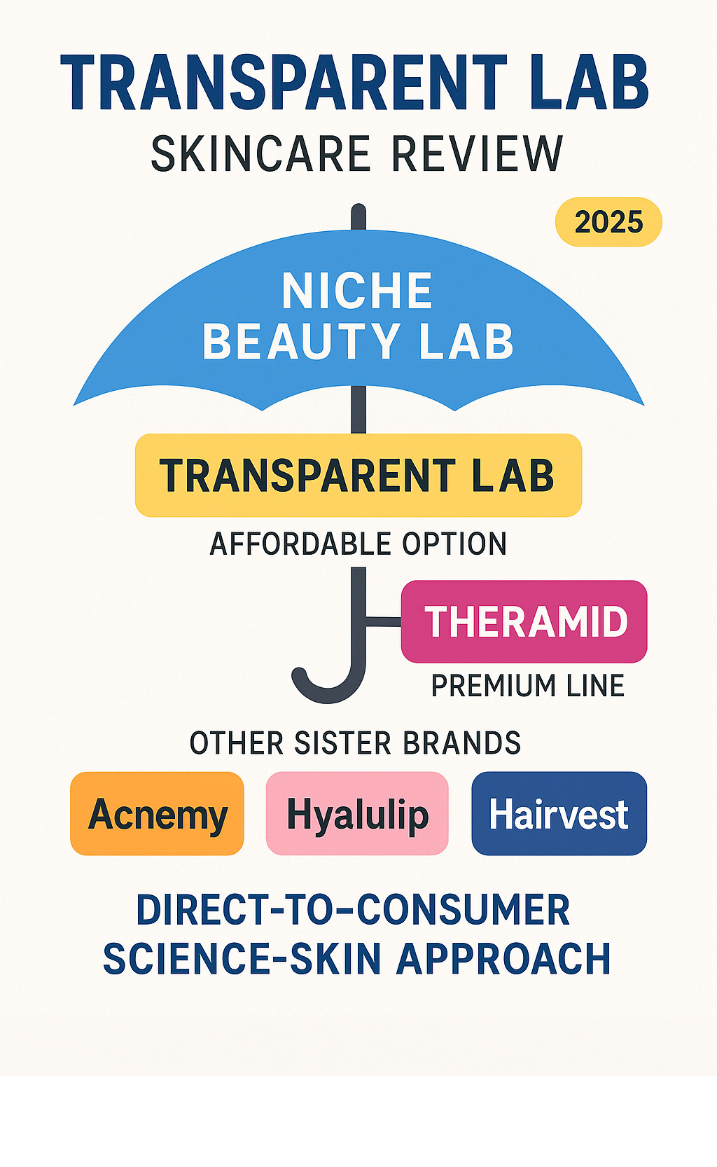 Infographic showing Niche Beauty Lab's umbrella structure with Transparent Lab as the affordable option, Theramid as the premium line, and other sister brands including Acnemy, Hyalulip, and Hairvest, highlighting their direct-to-consumer science-skin approach - transparent lab skincare review infographic 