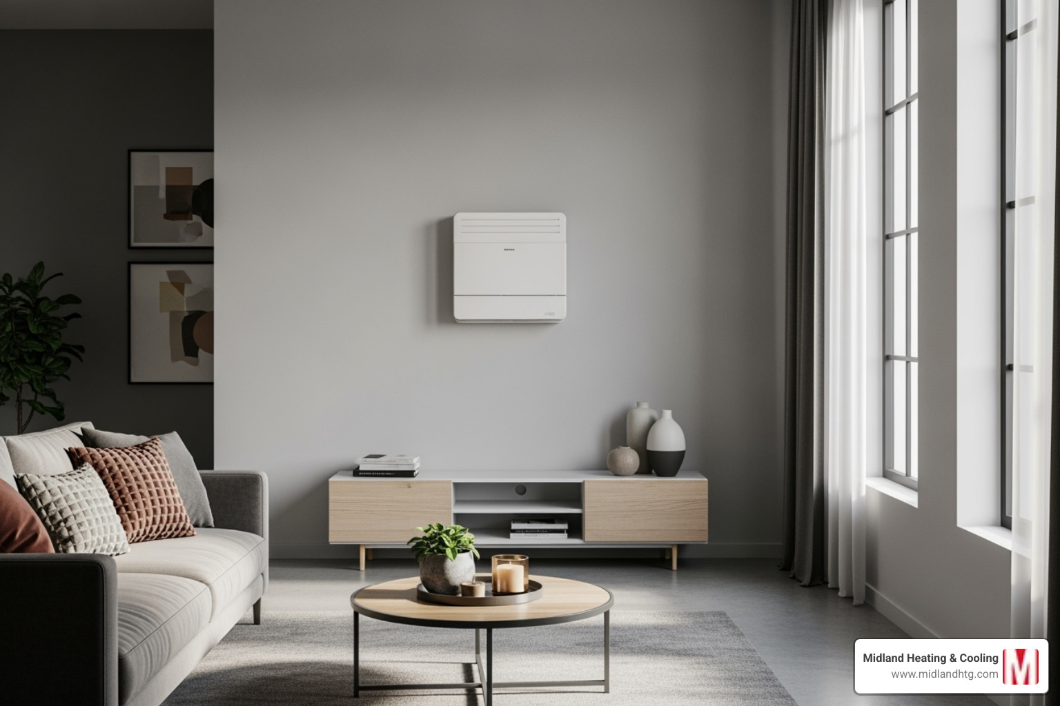 Sleek, wall-mounted indoor mini-split unit blending into a modern living space - ductless mini split ac minneapolis