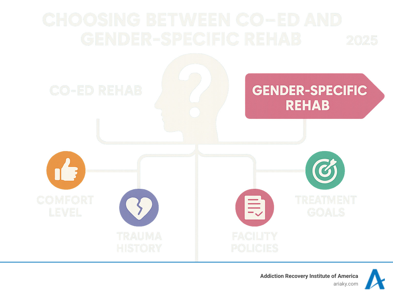 Infographic showing the decision process for choosing between co-ed and gender-specific rehab, including factors like comfort level, trauma history, treatment goals, and facility policies - co ed rehabs near me infographic 