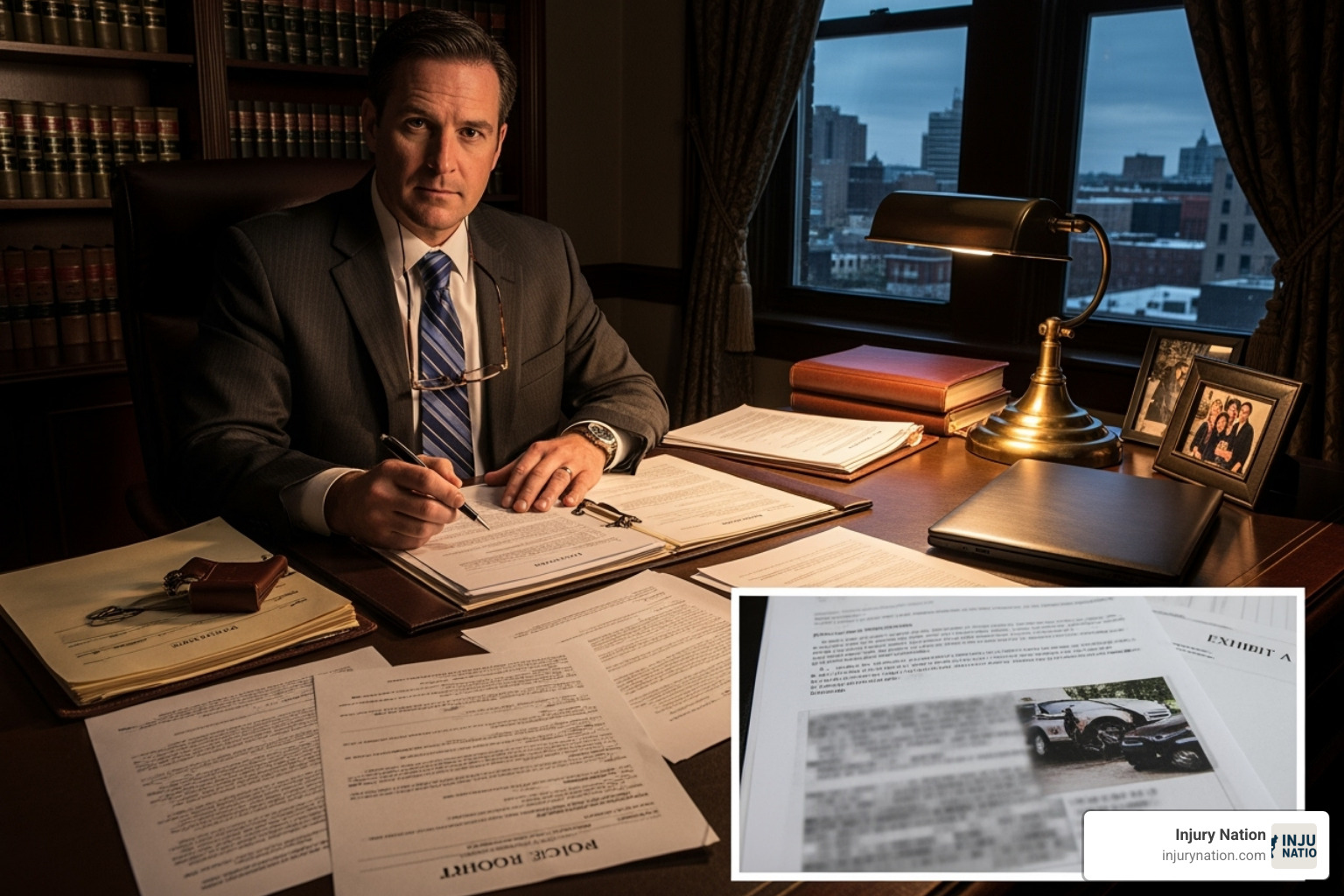 lawyer reviewing documents like police reports and medical records - auto and truck accident attorney