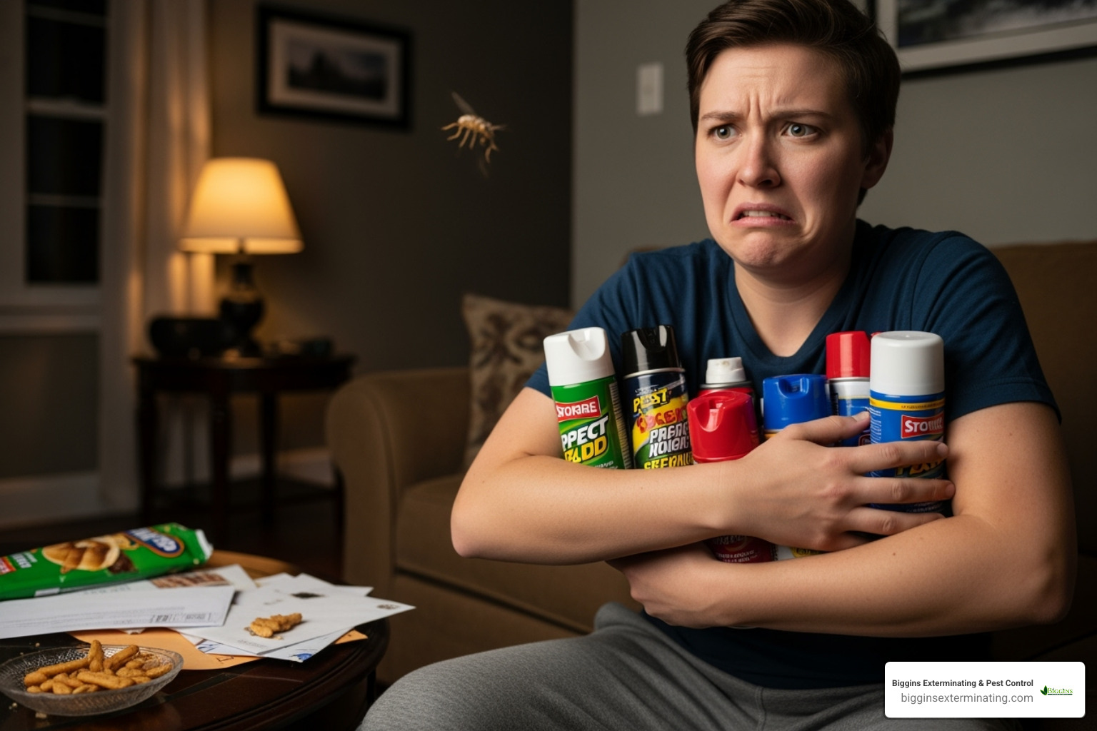 A homeowner looking stressed, holding multiple cans of store-bought pest sprays - 24 hour pest control services