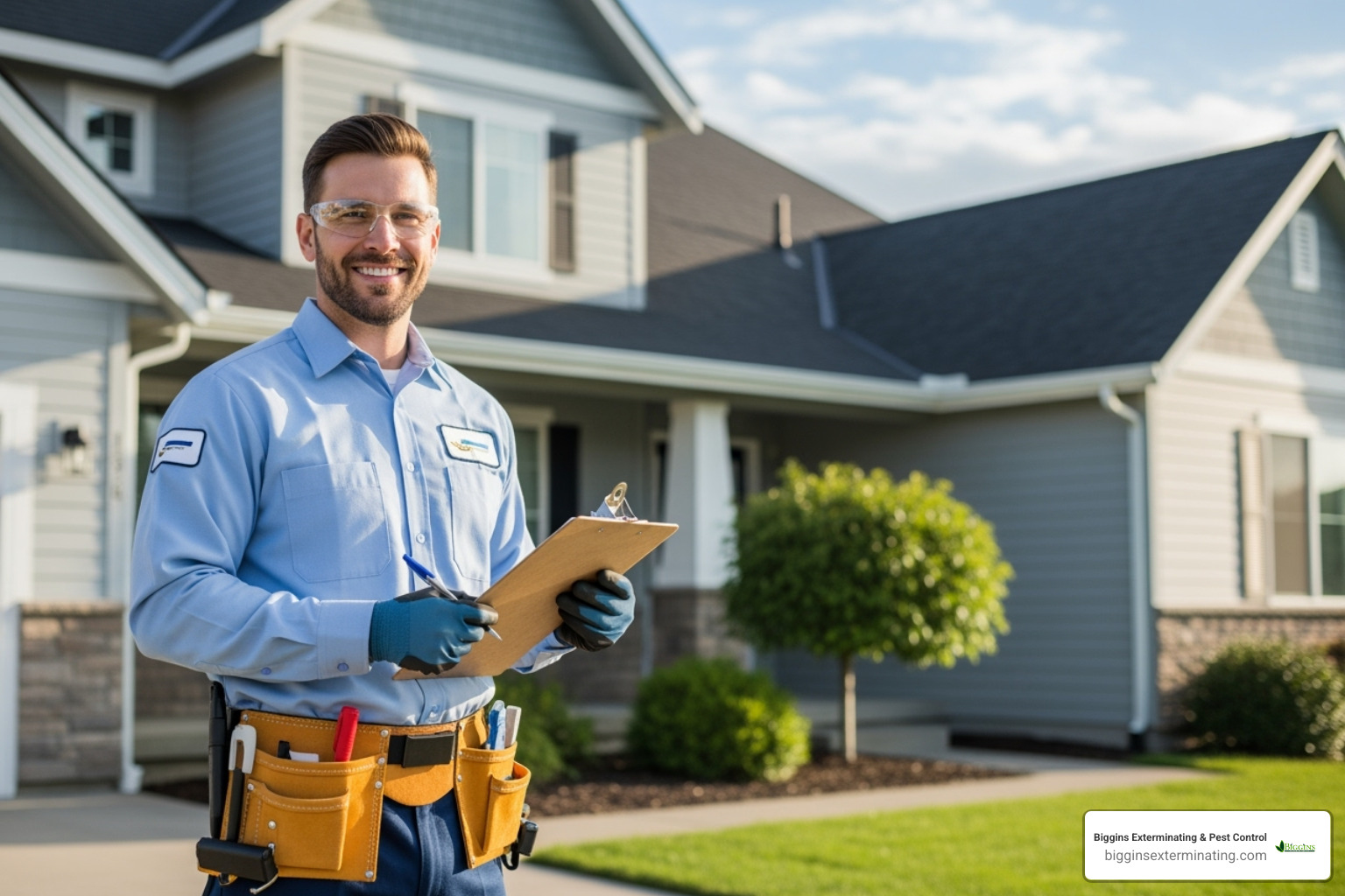 A friendly, professional exterminator wearing a clean uniform and protective gear, holding a clipboard - 24 hour pest control services